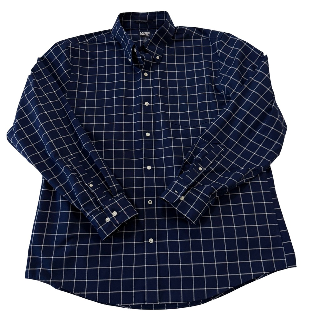 Lands‎ End Mens XL No Iron Twill Shirt Navy White Windowpane Traditional Fit - Picture 2 of 7